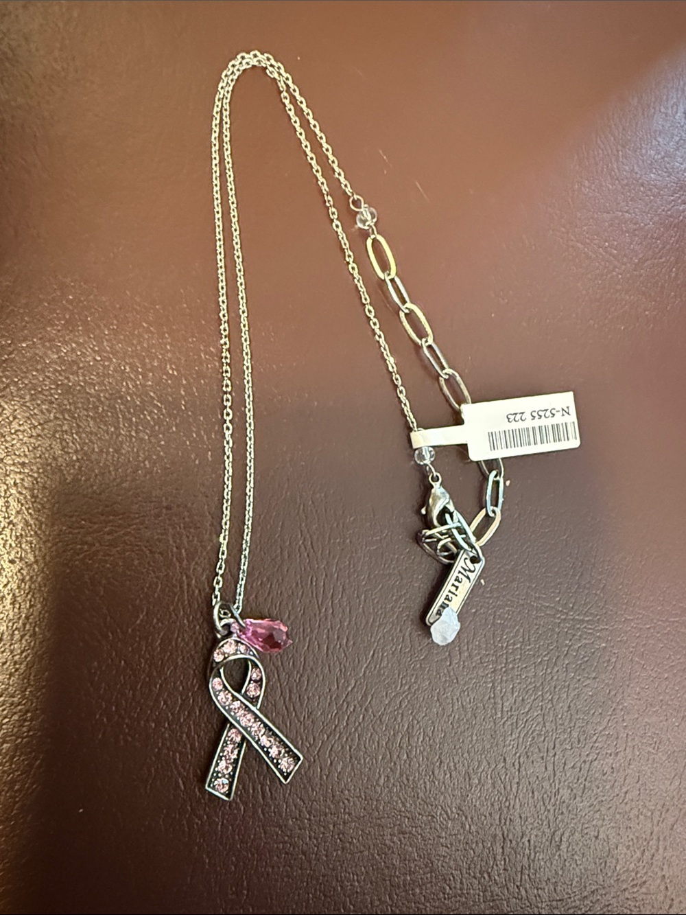 NWT Mariana Pink Crystal Breast Cancer Awareness Ribbon Necklace in silver